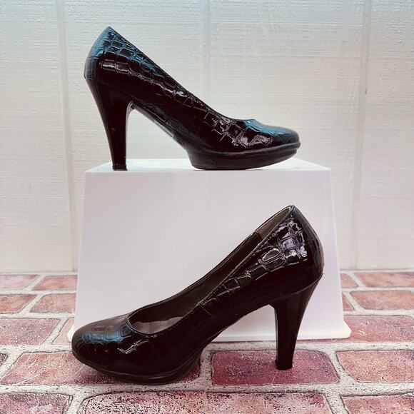 Women's Size 7 Black Faux Croc Skin 3.5" High Heel Slight Platform Classic Pumps - Picture 3 of 16
